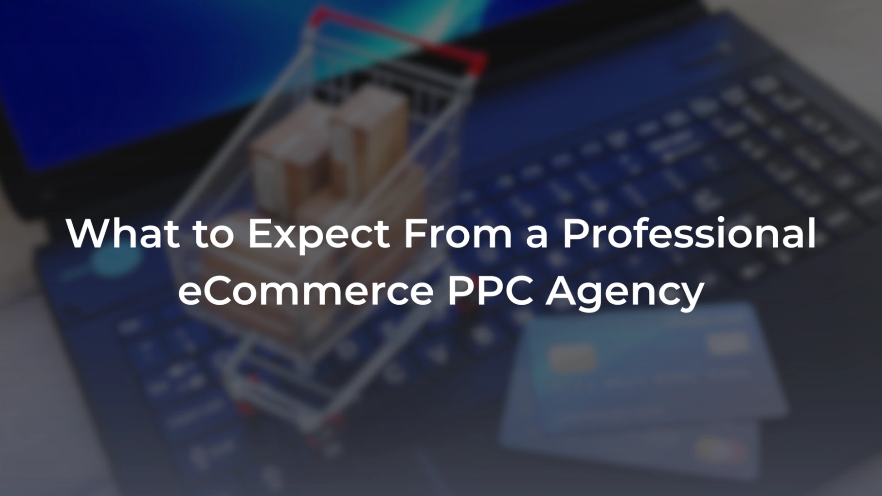A promotional banner featuring a blurred background of a miniature shopping cart filled with packages sitting on a laptop keyboard next to credit cards. Overlaid in bold white text is the headline: "What to Expect From a Professional eCommerce PPC Agency". 

