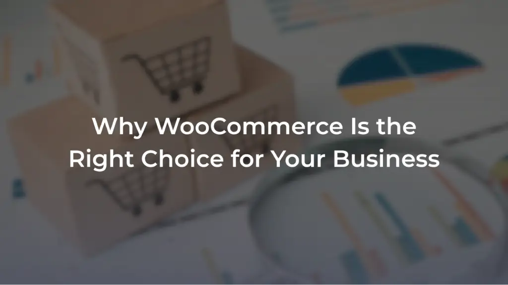 A promotional banner featuring a blurred background of small cardboard boxes with shopping cart icons, financial charts, and a magnifying glass. Overlaid in bold white text is the headline: "Why WooCommerce Is the Right Choice for Your Business". 