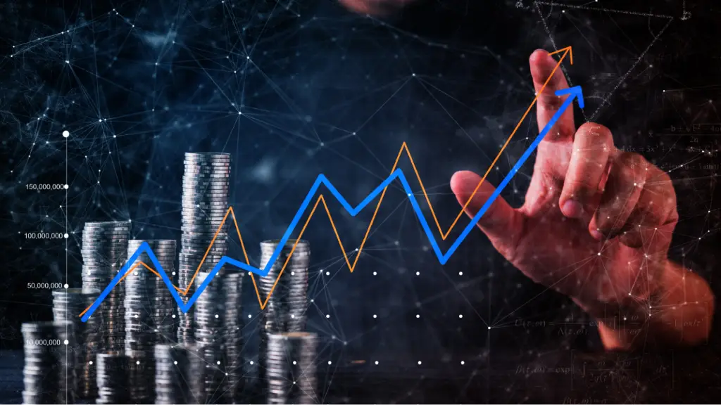 Accelerating Profit Growth with Structured Billing Models A digital financial growth chart rising above stacks of coins, with a person interacting with the data, representing profit acceleration, structured billing models, revenue optimization, and long-term business growth.