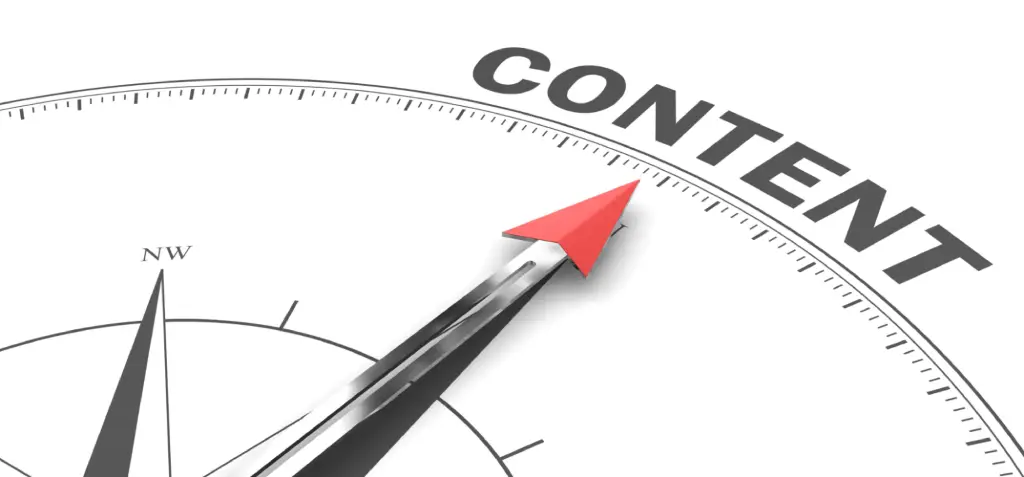 A close-up view of a compass with its red needle pointing directly towards the word 'CONTENT'. Below the image, the text reads: 'Adapting Content to Conversational Intent'.