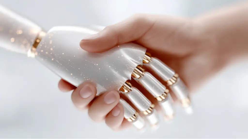 A human hand shakes hands with a robotic hand, symbolizing collaboration between humans and artificial intelligence to improve productivity, innovation, and digital transformation.