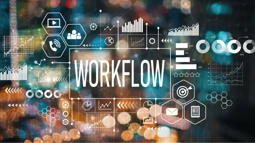 Communication Speed and Workflow Dashboard Integrations (1) A digital workflow dashboard displays charts, graphs, icons, and analytics surrounding the word “WORKFLOW,” representing business process automation, communication, performance tracking, and data-driven decision-making.