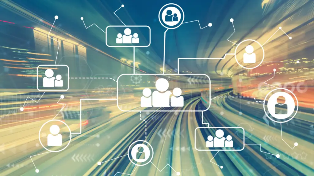 Connecting Social Discovery with High-Speed Omnichannel Paths A network of connected user icons over a fast-moving background, representing social discovery, digital connectivity, omnichannel marketing, and seamless customer engagement across multiple platforms.