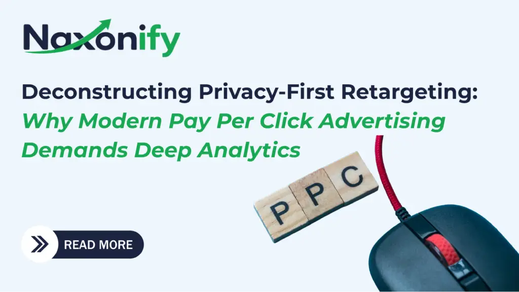 A promotional banner about pay-per-click advertising featuring a computer mouse and PPC letter blocks, representing privacy-first retargeting, data-driven marketing, deep analytics, and modern digital advertising strategies.
