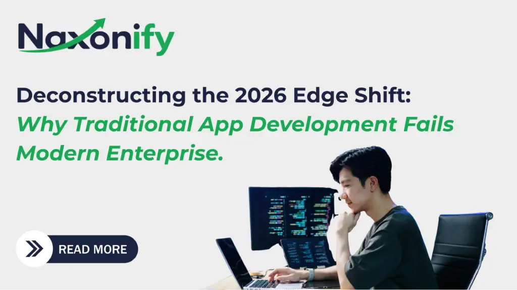 A promotional banner about enterprise app development featuring a developer working at a computer with code displayed on screens, representing the shift toward modern technologies, Edge computing, and scalable application development for businesses.
