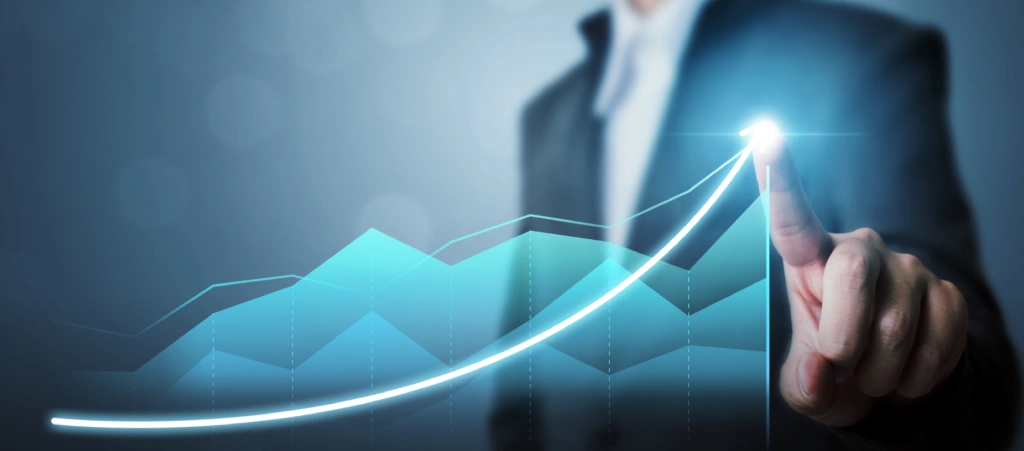 A person in a business suit touching the peak of an upward-trending, glowing blue growth chart. Below the image, the text reads: 'Dynamic Database Scaling for Generative Crawlers'.