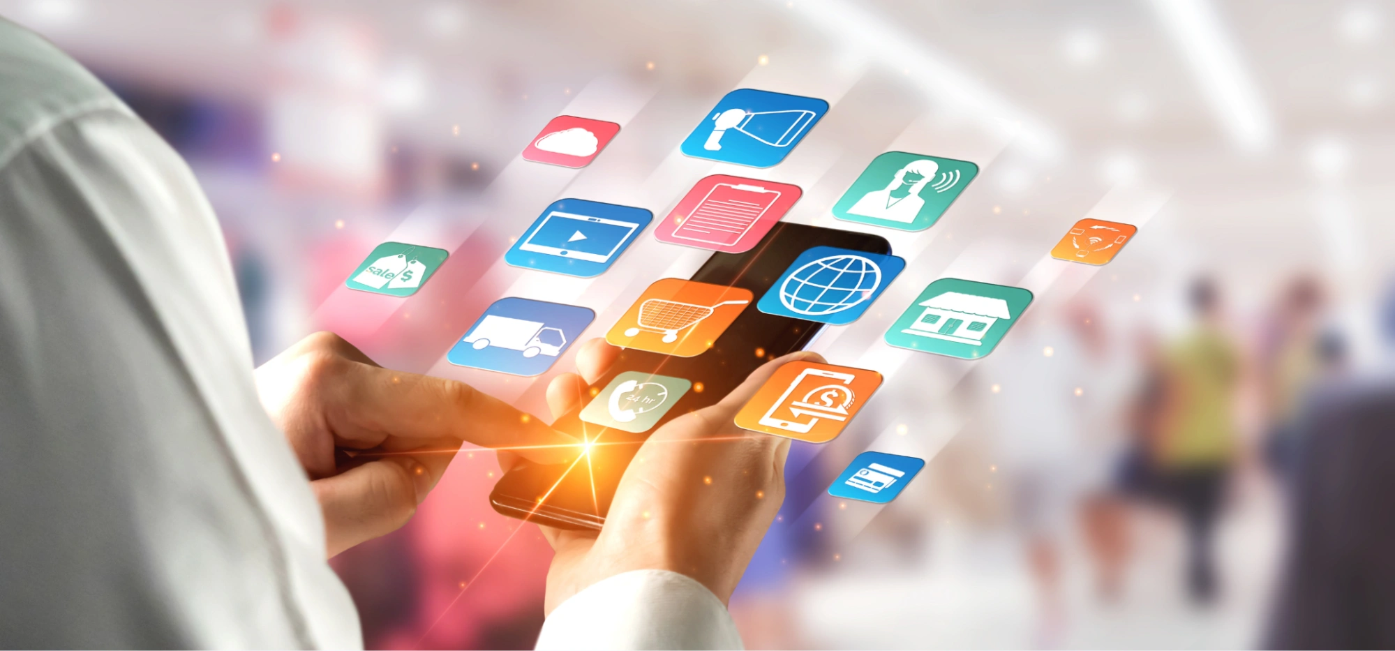 A person holding a smartphone with colorful digital application icons floating above the screen, set against a blurred background. Below the image, the text reads: 'Future-Proofing Organic Discovery Channels'.