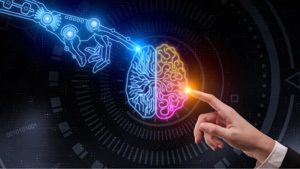 A glowing neon human brain icon in the center, with a digital robotic hand touching its technical left side and a human hand touching its creative right side against a dark, futuristic background.