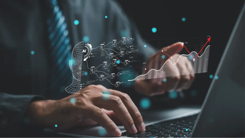 A person uses a laptop with AI graphics and an upward-trending chart, symbolizing the combined role of SEO, AEO, and GEO in improving search visibility.