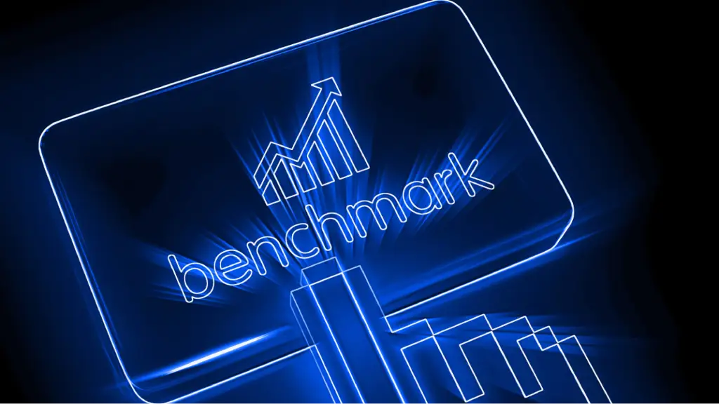 Key Operational Benchmarks for Partner Verification A glowing blue digital display features the word “benchmark” alongside an upward-trending graph, symbolizing performance measurement, business growth, operational benchmarking, and data-driven success.
