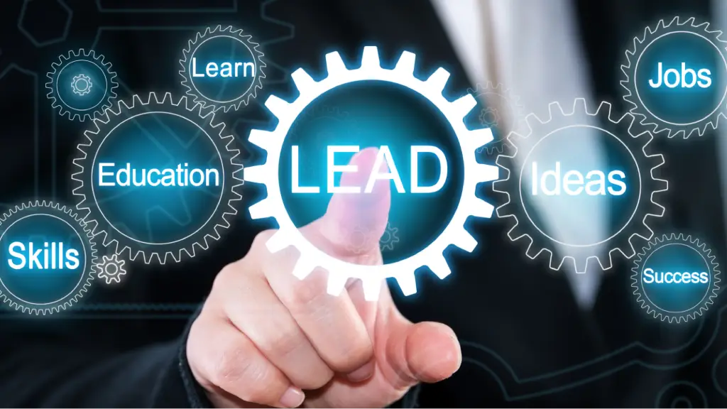 A person in a business suit pointing a finger at a central glowing digital gear containing the word "LEAD," which is interconnected with other gears labeled Skills, Education, Learn, Ideas, Jobs, and Success.