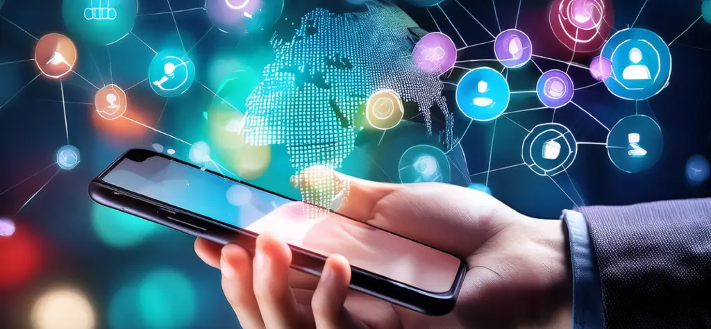 A hand holding a smartphone horizontally with a glowing digital globe and interconnected user profile icons floating above it. Below the image, the text reads: 'Maintaining Multi-Platform Brand Authority'.