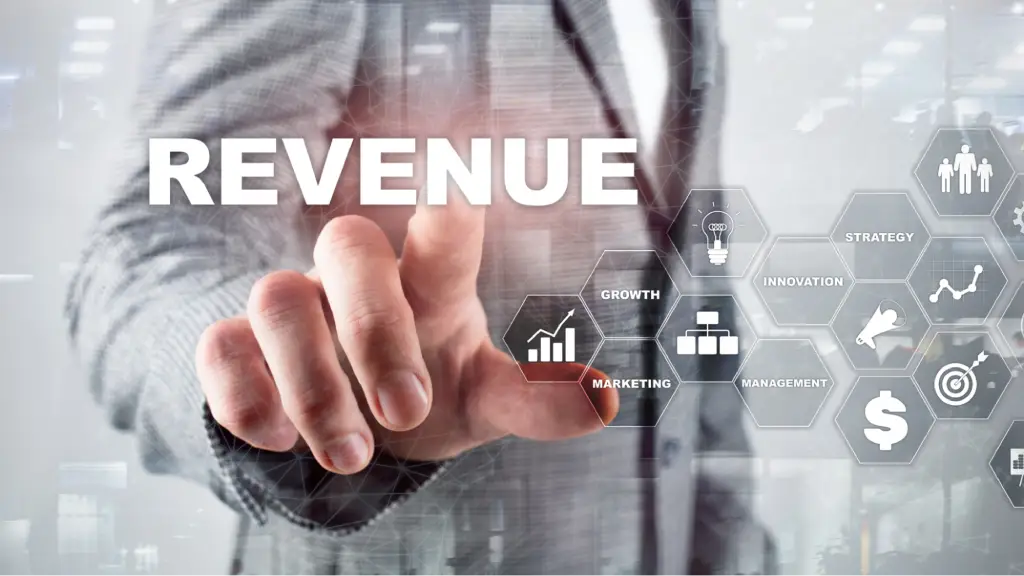 A business professional points toward the word “REVENUE” on a digital interface surrounded by charts and business icons, symbolizing revenue growth, strategic planning, marketing performance, and long-term business success.