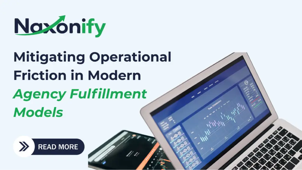 A digital marketing banner featuring analytics dashboards displayed on a laptop and smartphone, representing agency operations, workflow management, performance tracking, and modern fulfillment solutions for business growth.