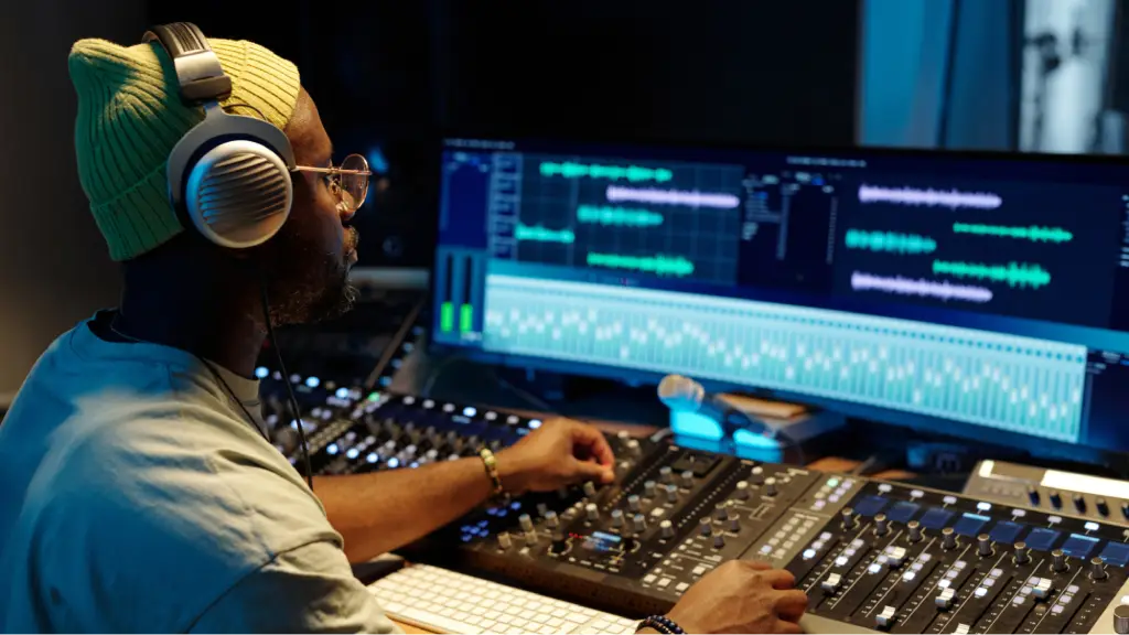 A man wearing a yellow beanie and large headphones sitting in a dim recording studio, focused on editing audio tracks using a wide desktop monitor and a large physical mixing console.