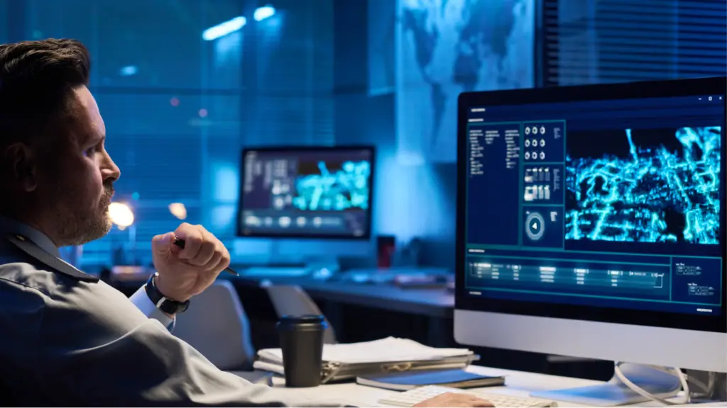 Operational Elasticity and Production Pacing A professional monitoring analytics dashboards on multiple computer screens, representing operational efficiency, production pacing, real-time data analysis, and scalable business performance management.