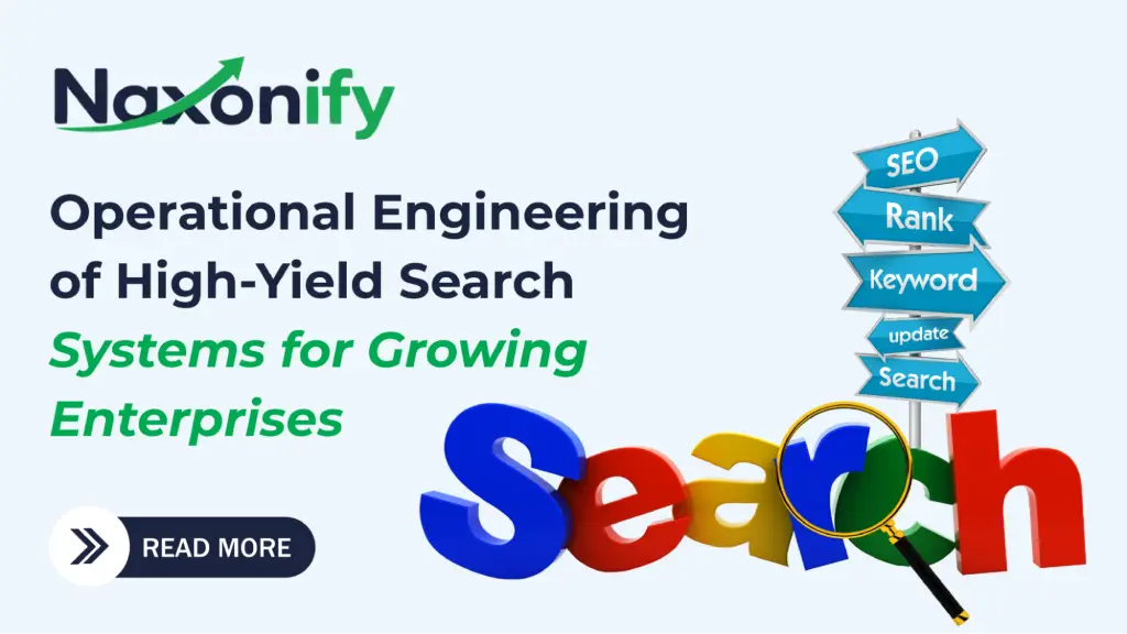 Naxonify digital marketing banner showcasing operational engineering of high-yield search systems for growing enterprises. The image features SEO-related graphics, keyword ranking signs, a search illustration, and a call-to-action button promoting search engine optimization and business growth services.