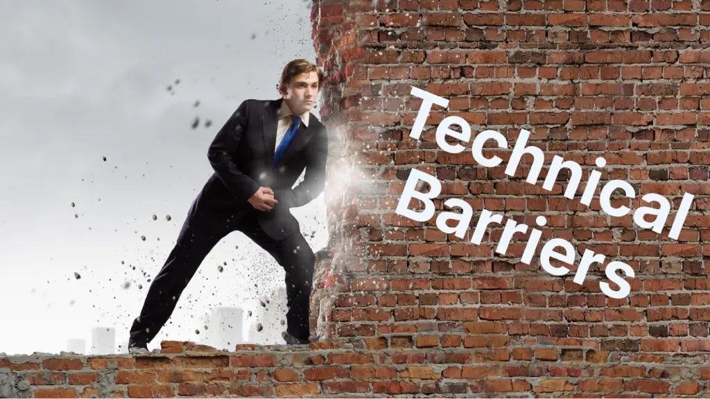 A business professional breaks through a brick wall labeled “Technical Barriers,” symbolizing overcoming technical challenges, eliminating project delays, and driving business progress through innovation and problem-solving.
