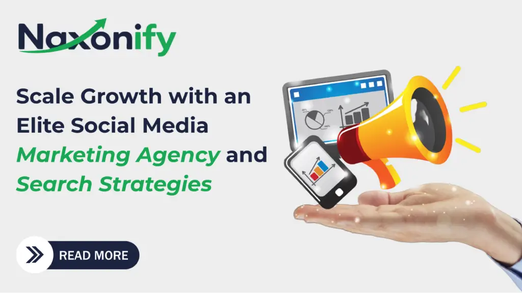 A promotional banner about social media marketing featuring a megaphone, smartphone, and analytics dashboard, representing digital advertising, search strategies, audience engagement, and business growth through social media marketing services.