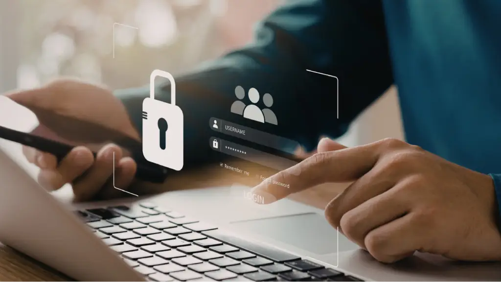 Securing Long-Term Organic Authority A person holding a smartphone while using their other hand to interact with a digital login interface overlaid on a laptop screen, showing a large white padlock icon and fields for username and password.