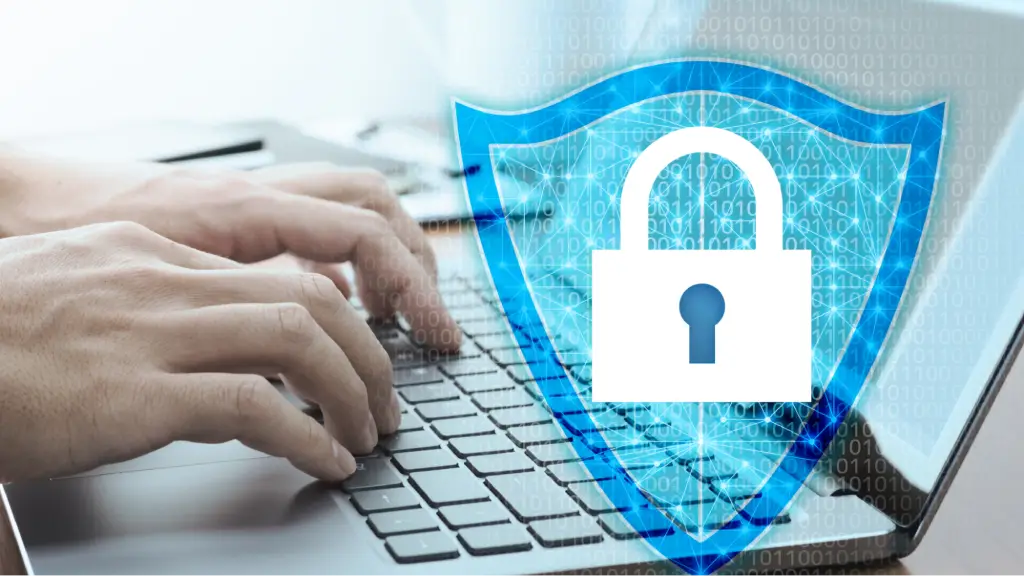 Securing Long-Term Regional Market Share A close-up of hands typing on a laptop keyboard with a large digital cybersecurity shield and padlock icon overlaid on the screen.