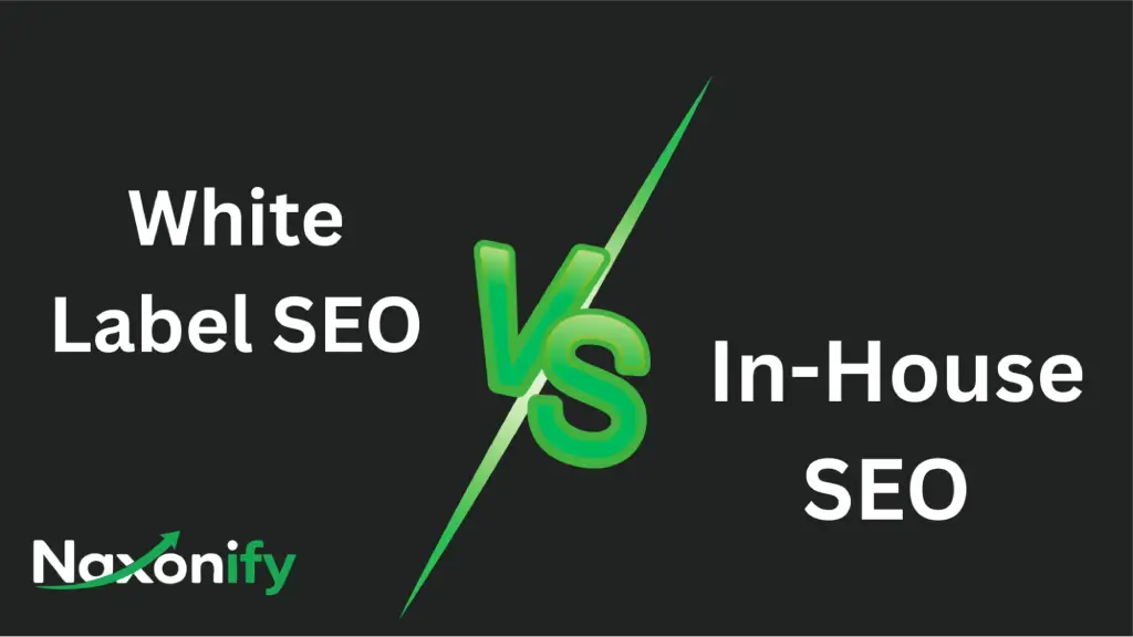 A comparison banner showing 'White Label SEO vs In-House SEO' with a bold VS symbol, representing the differences between outsourced SEO services and internal SEO teams in terms of cost efficiency, scalability, and business growth.