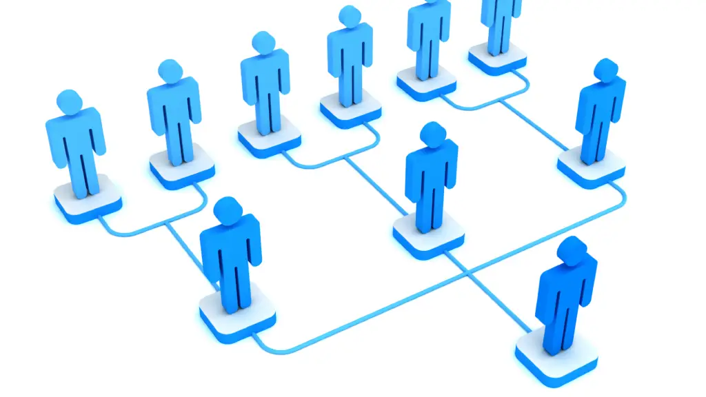 Structuring Content Workflows for Modern Scale A 3D organizational chart or corporate hierarchy illustration showing blue stick-figure icons on small square pedestals, connected to one another by solid blue lines against a white background.