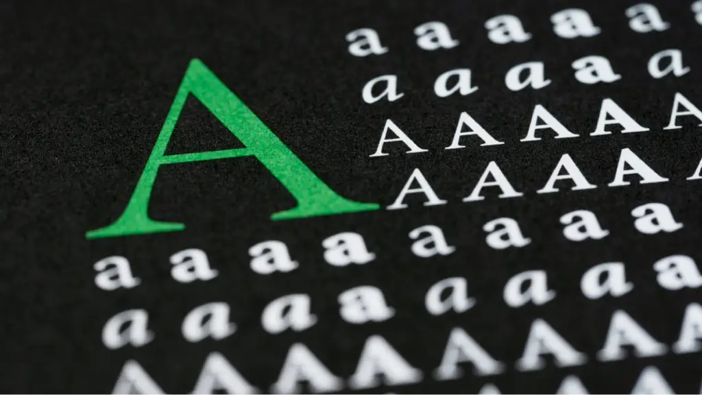 A large green letter 'A' surrounded by multiple letter variations on a dark background, representing typography, font design, analog textures, and kinetic text elements used in modern graphic design.