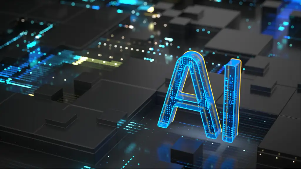 A glowing 3D “AI” graphic appears over a futuristic digital circuit board, symbolizing artificial intelligence, advanced technology, and AI-powered search optimization solutions.