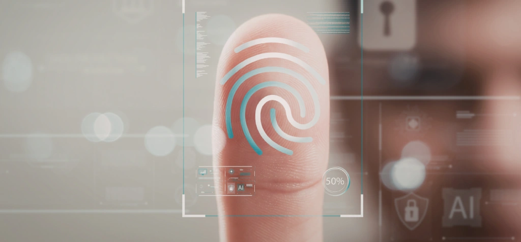 A close-up of a human thumb undergoing a digital biometric fingerprint scan with overlaying AI graphics. Below the image, the text reads: 'The Shift from Page-Rank to Semantic Validation'.
