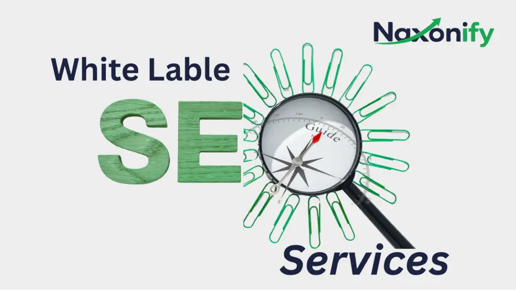 A promotional banner for white label SEO services featuring large SEO text, a magnifying glass with a compass, and branding elements, representing search engine optimization, strategic guidance, and scalable agency growth solutions.