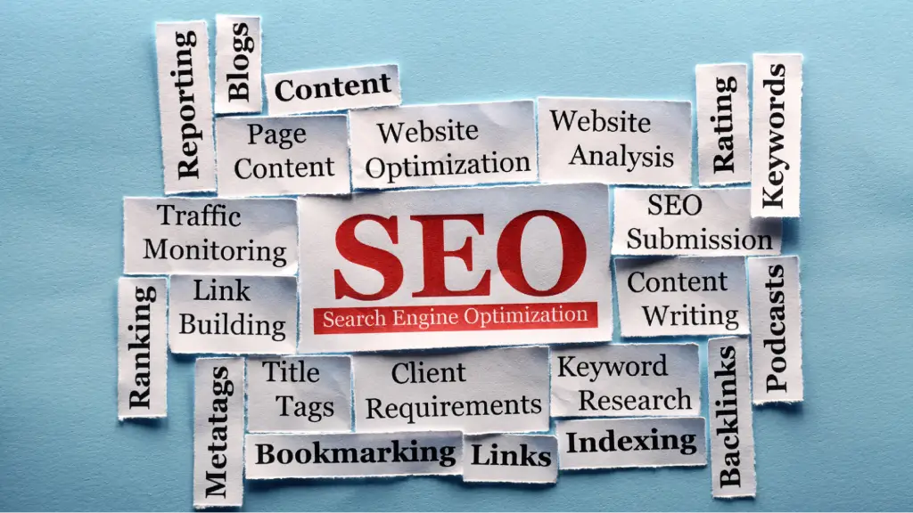 A visual of SEO-related terms, including keywords, content, backlinks, and optimization, represents the core elements of search engine optimization.