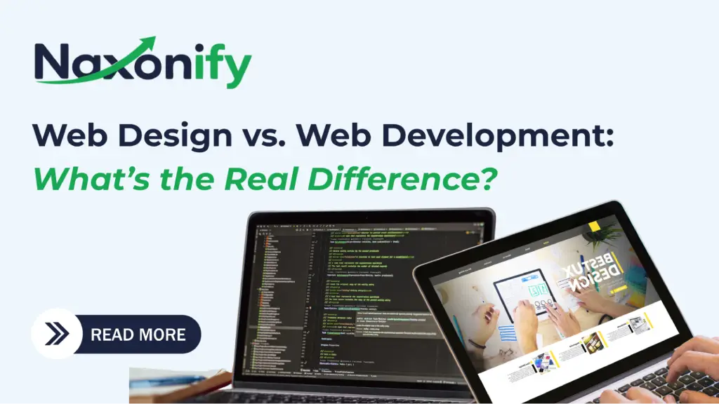 A digital marketing banner comparing web design and web development, featuring coding on a laptop screen and a website layout on a tablet to represent the differences between visual design and website development.