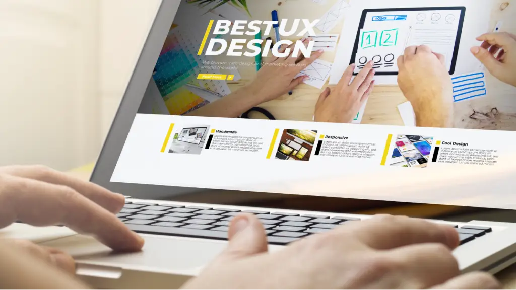 A person using a laptop displaying a website design interface with wireframes, layouts, and visual elements, representing web design, user experience planning, and the creation of responsive website interfaces.