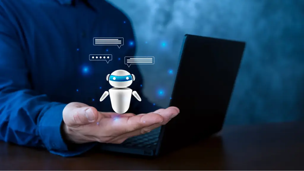 A person holds a virtual AI chatbot above their hand, symbolizing generative engine optimization, AI-powered search, and conversational digital experiences.