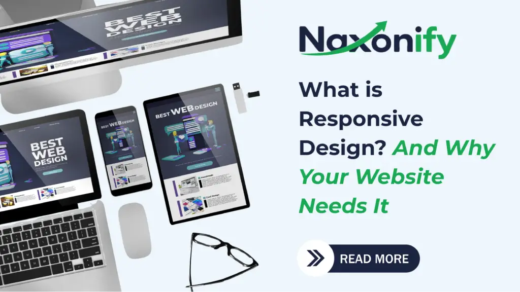 A promotional banner about responsive web design featuring a desktop, laptop, tablet, and smartphone displaying the same website layout, illustrating how websites adapt to different screen sizes for an improved user experience across devices.