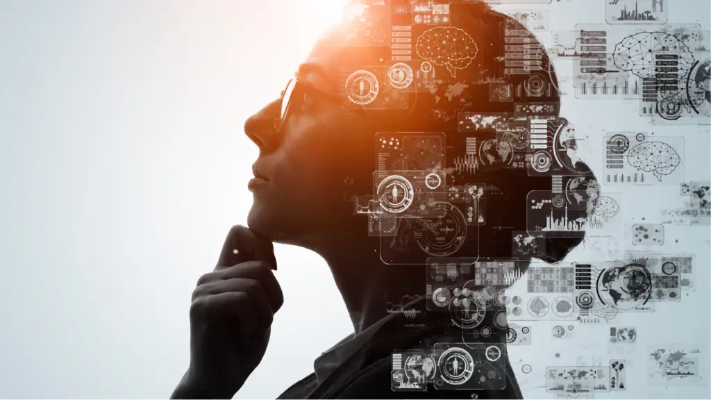 A person’s profile is overlaid with AI and data visualizations, representing artificial intelligence, intelligent search, and AI-powered content optimization.