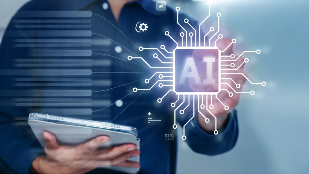 A digital AI chip displayed on a futuristic interface represents artificial intelligence, AI-powered search visibility, and the future of intelligent search technology.
