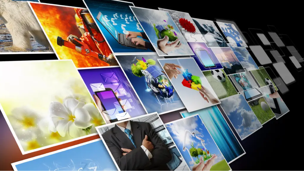 A collage of colorful digital images displayed in a dynamic layout, representing visual engagement, multimedia content, creative storytelling, and the use of diverse media assets to capture audience attention.