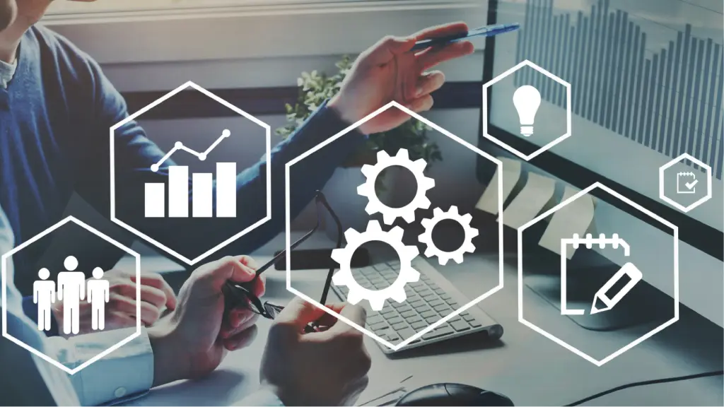 Build Authority and Trust Business professionals collaborate at a workstation with analytics and workflow icons, symbolizing authority building, trust, strategic planning, and business growth.