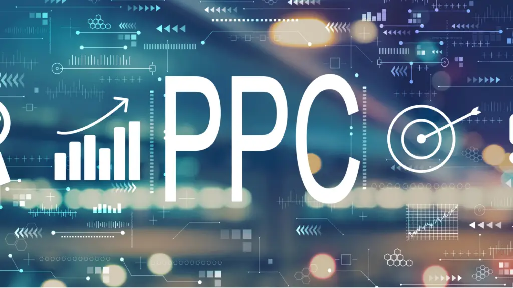 A digital display features the word “PPC” with charts, graphs, and target icons, representing data-driven advertising, campaign optimization, and performance tracking.