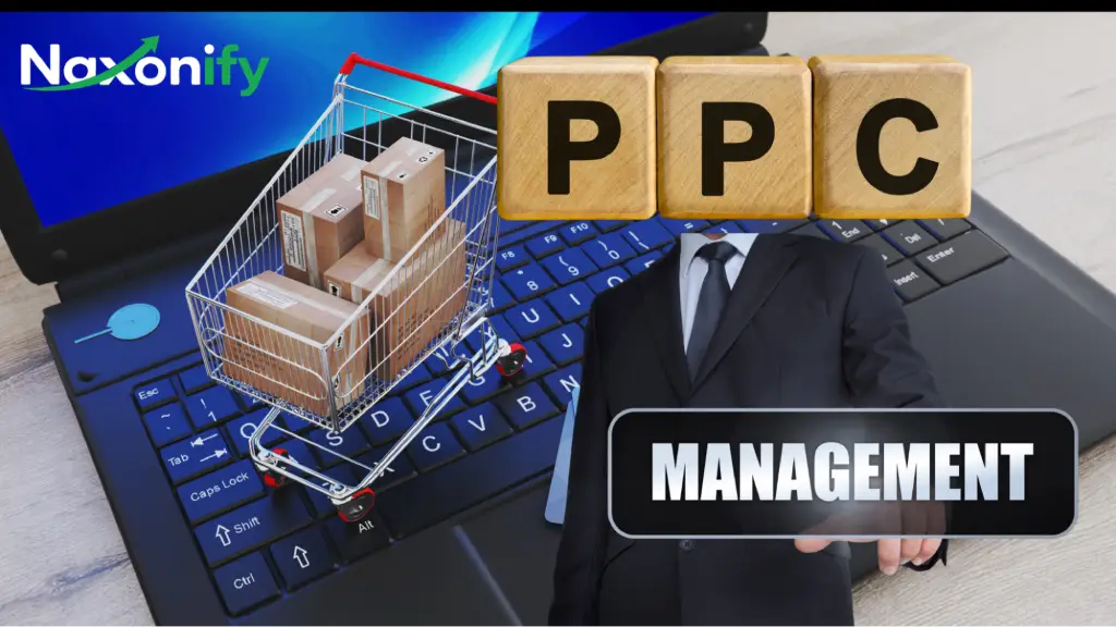 A promotional graphic featuring “PPC Management” with a shopping cart and business elements represents ecommerce PPC campaign management and online sales optimization.