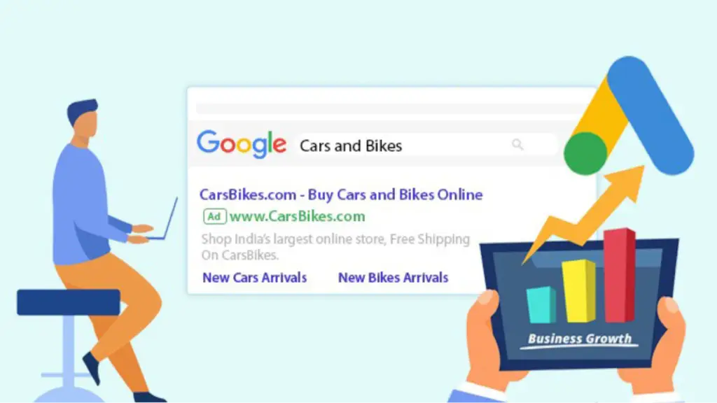How Google Shopping Ads Work An illustration shows a Google Shopping ad with product listings and business growth graphics, explaining how Google Shopping Ads connect products with customers.