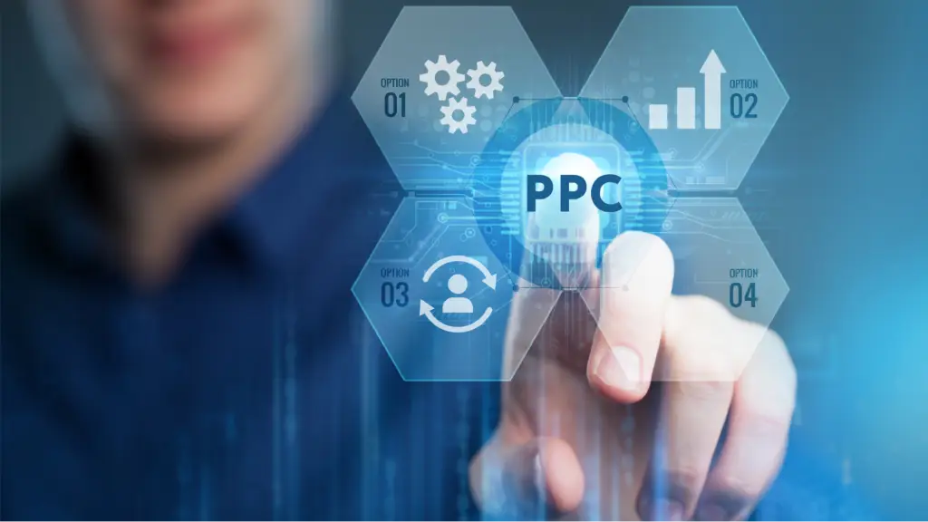 A person interacts with a digital interface displaying “PPC” and marketing icons, symbolizing pay-per-click advertising, campaign management, and online advertising solutions.